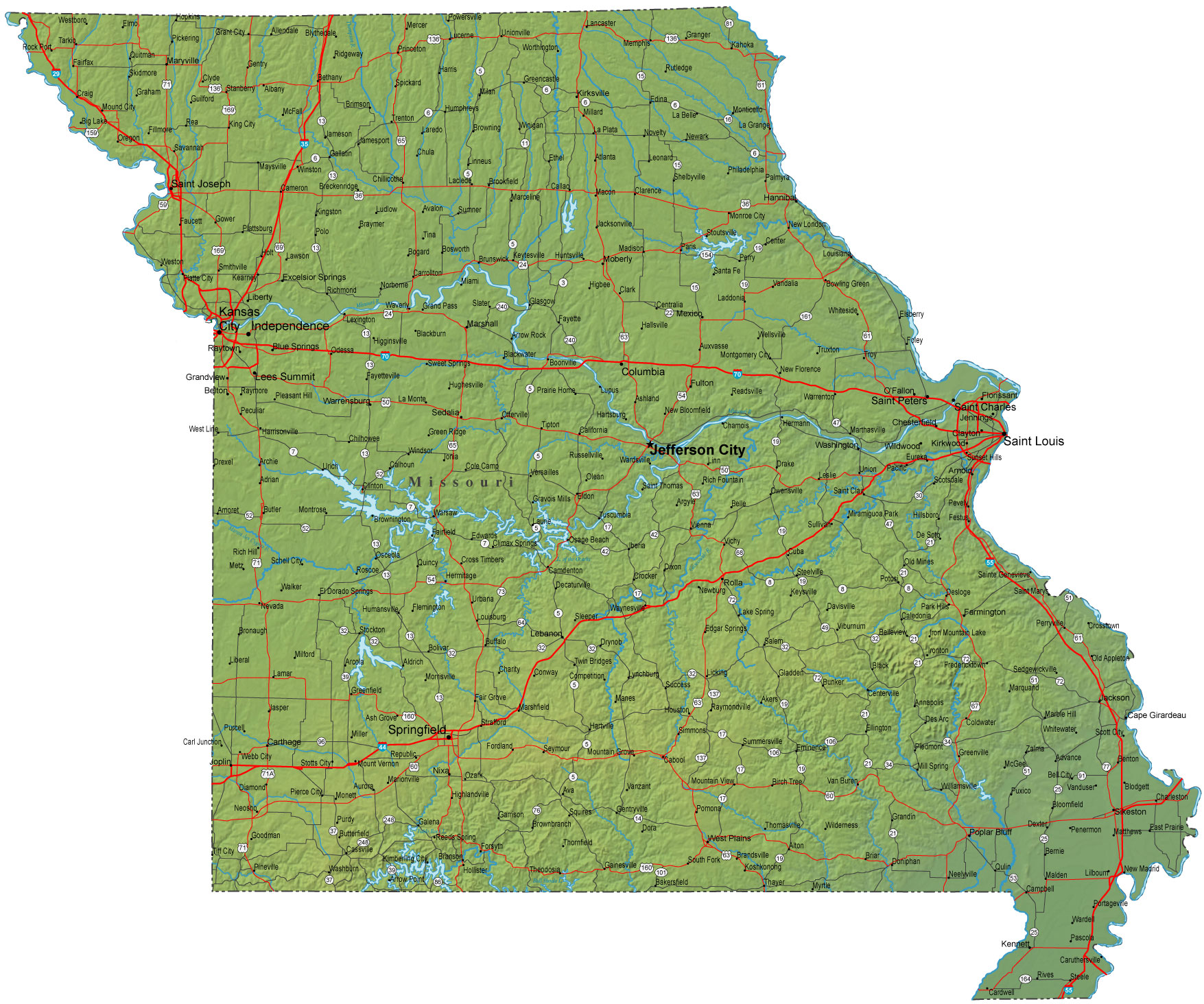 Detailed Missouri Map - MO Terrain Map